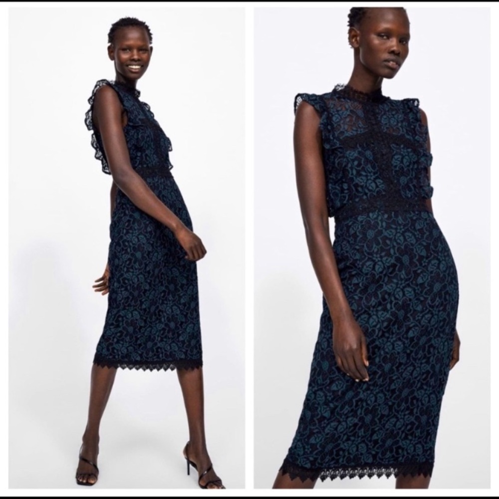 Zara blue and black lace dress Sz M - Picture 3 of 15